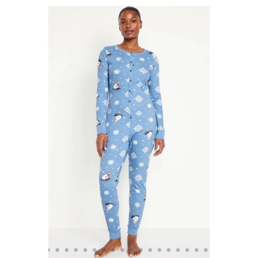 Old Navy Sz Medium Bears That Sleigh Thermal-Knit Pajama One-Piece for Women
